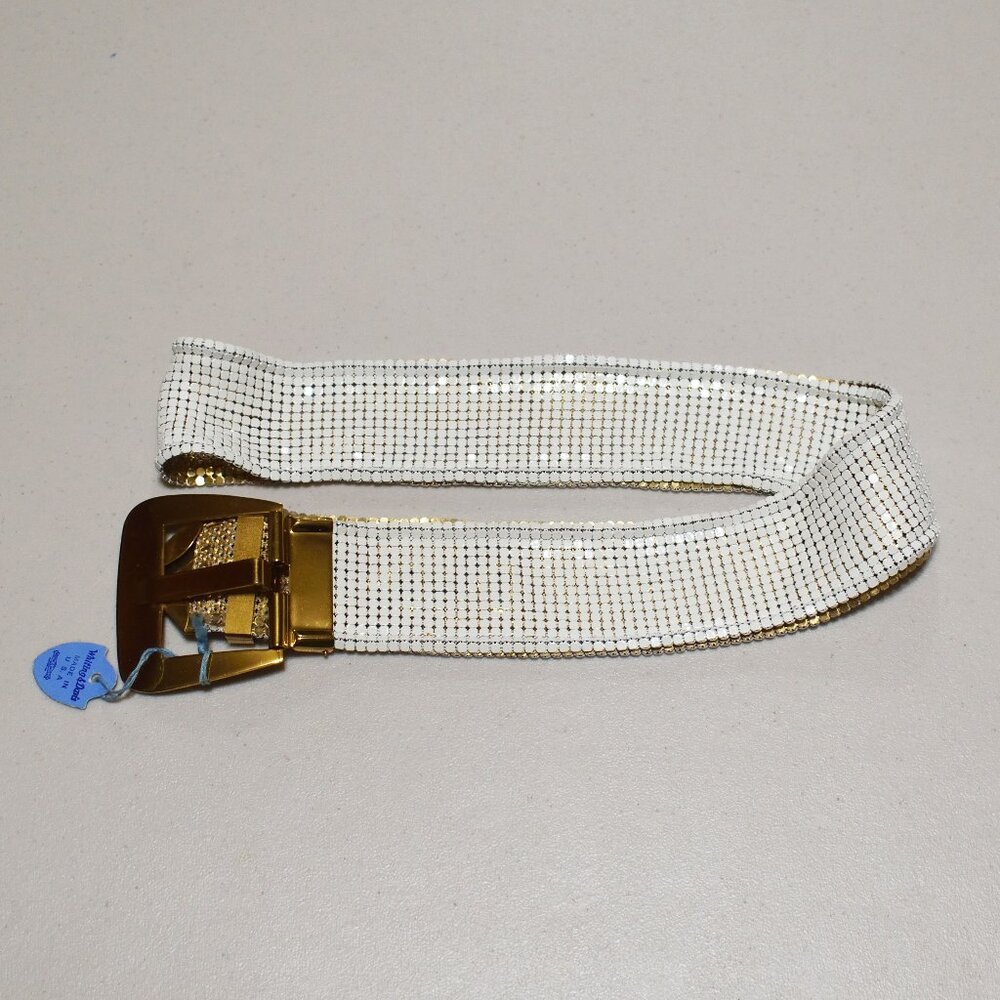 NWD Vtg Whiting & Davis White Mesh Sequin Belt 33.5-35.75 Adjustable Metal USA